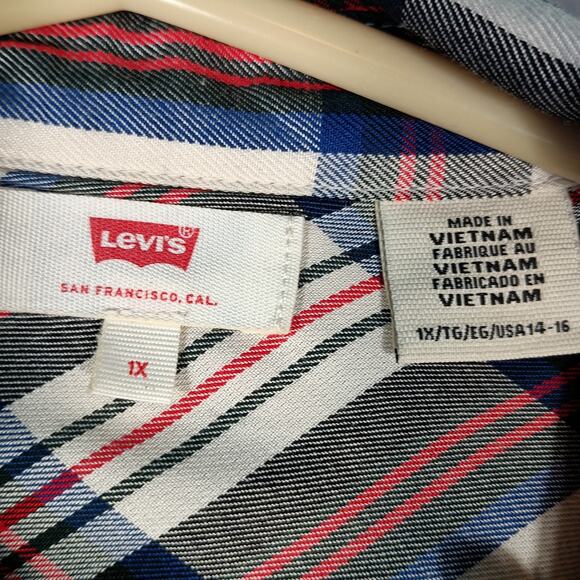 Levi’s Pearl Snap Dress Women Plus Size 1X Blue Red Plaid Duster Layer - Picture 3 of 10